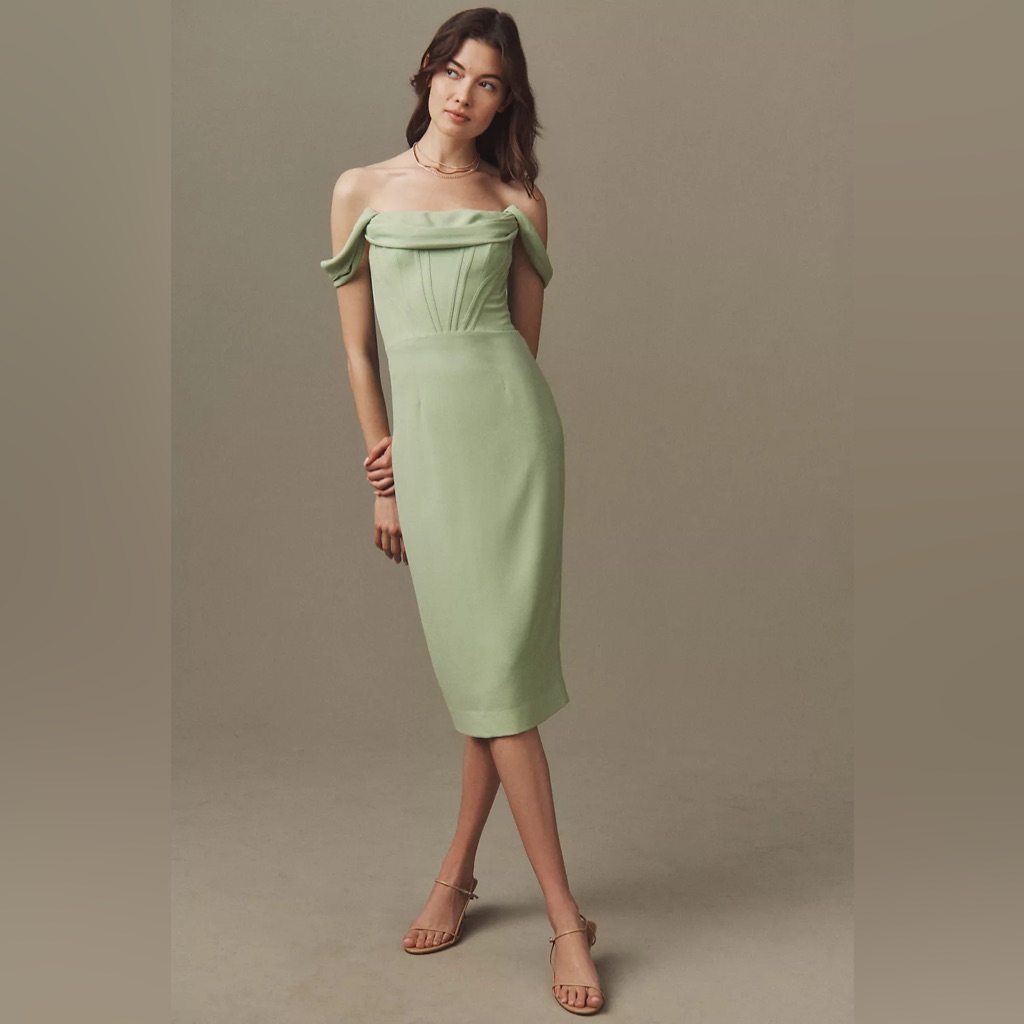 Dress The Population Light Green Draped Midi Sheath Dress